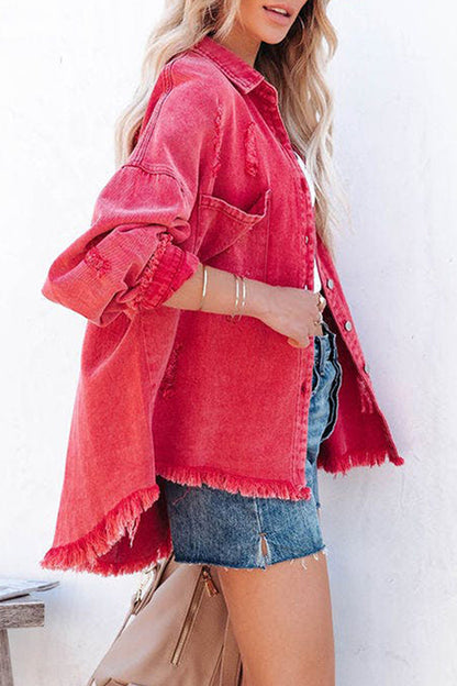 Chaqueta vaquera holgada de manga larga con cuello vuelto, rasgada y lisa (5 colores)