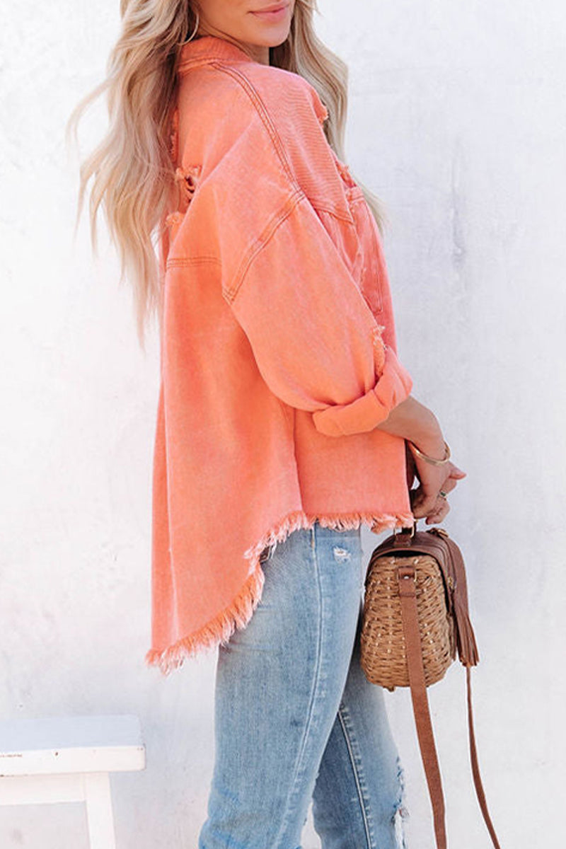 Chaqueta vaquera holgada de manga larga con cuello vuelto, rasgada y lisa (5 colores)