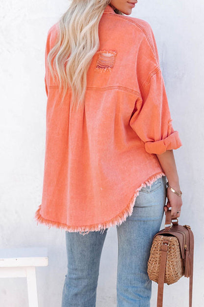 Chaqueta vaquera holgada de manga larga con cuello vuelto, rasgada y lisa (5 colores)