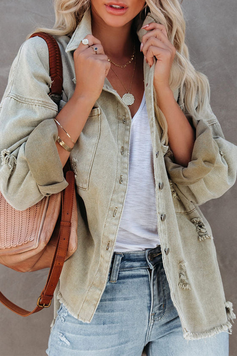 Chaqueta vaquera holgada de manga larga con cuello vuelto, rasgada y lisa (5 colores)