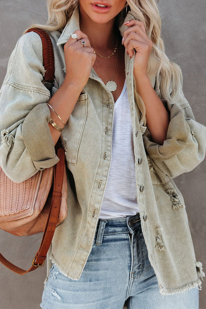 Chaqueta vaquera holgada de manga larga con cuello vuelto, rasgada y lisa (5 colores)
