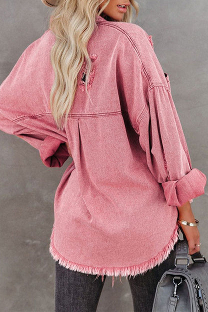 Chaqueta vaquera holgada de manga larga con cuello vuelto, rasgada y lisa (5 colores)