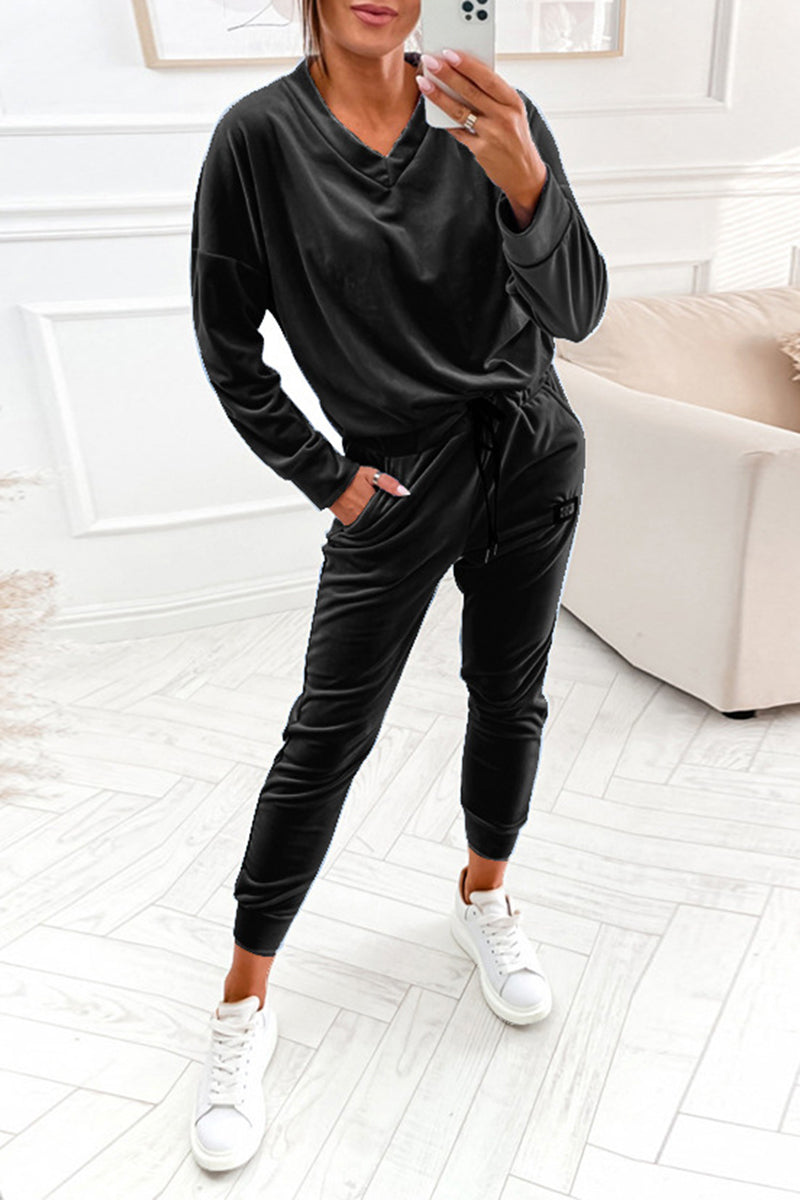 Conjunto informal de dos piezas con cuello en V, manga larga y frenillo liso (4 colores)