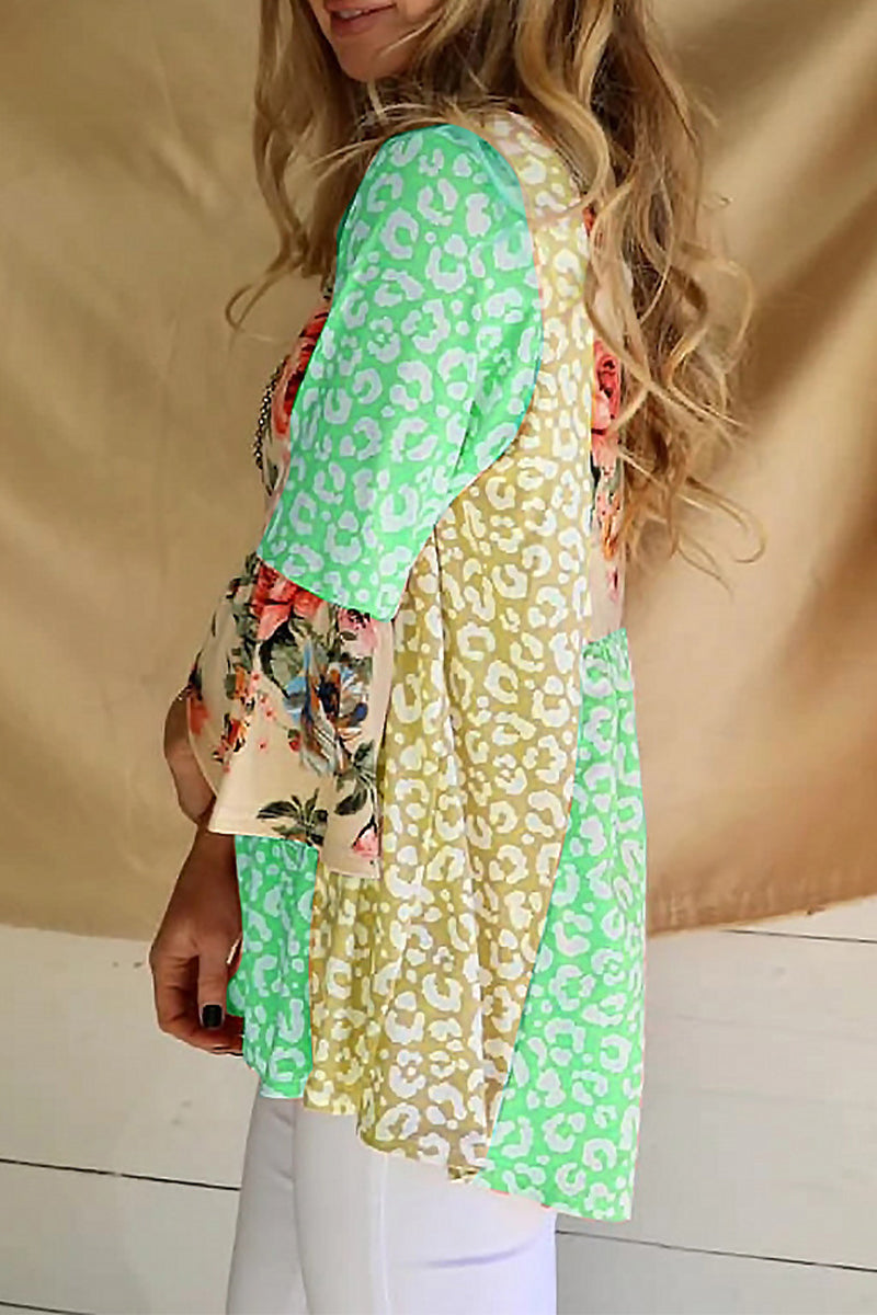 Tops de cuello redondo con contraste y estampado de patchwork de moda (3 colores)