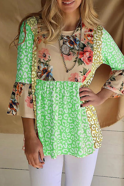 Tops de cuello redondo con contraste y estampado de patchwork de moda (3 colores)