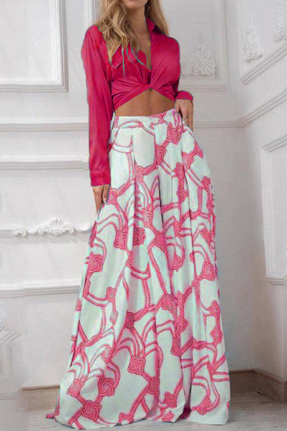 Conjunto de dos piezas con cuello en V, manga larga y estampado informal de patchwork (7 colores)