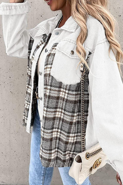 Prenda de abrigo con cuello vuelto, bolsillos y retazos a rayas y cuadros urbanos (6 colores)