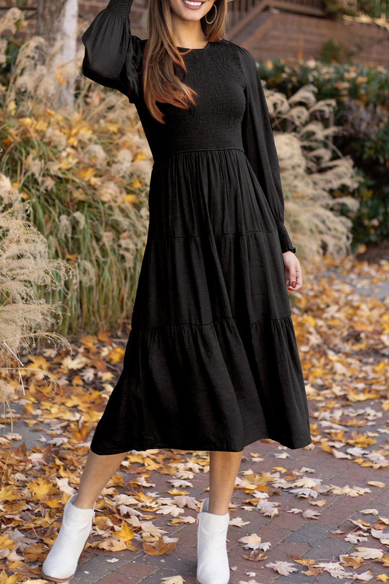 Vestidos elegantes y dulces de corte A con cuello redondo, color liso y pliegues (3 colores)