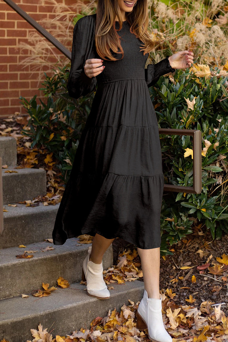 Vestidos elegantes y dulces de corte A con cuello redondo, color liso y pliegues (3 colores)