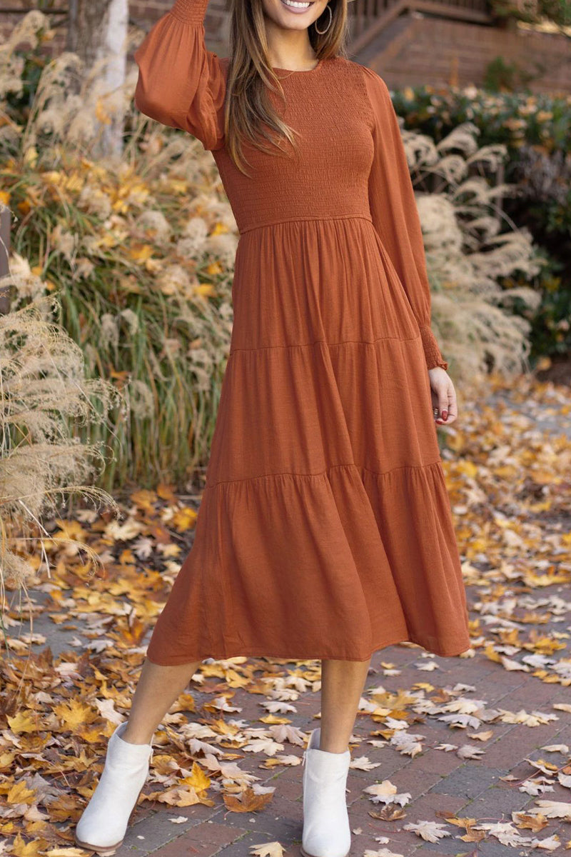 Vestidos elegantes y dulces de corte A con cuello redondo, color liso y pliegues (3 colores)