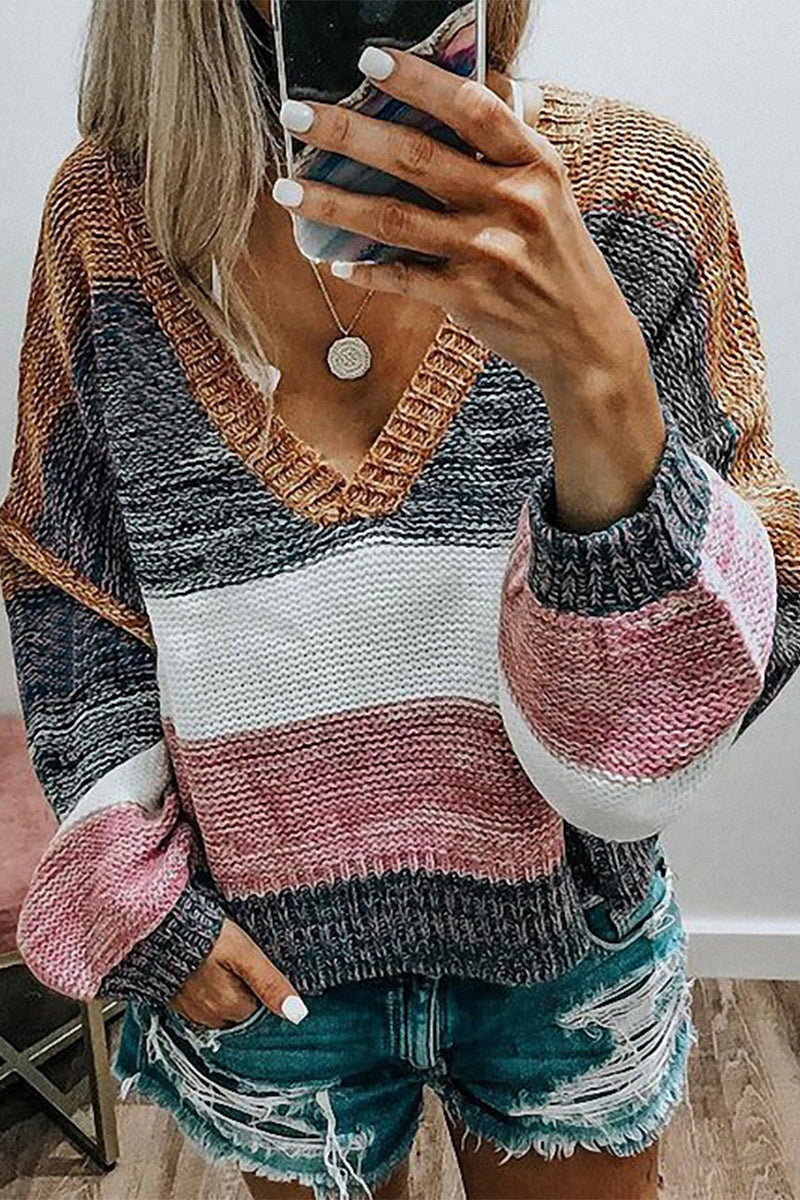Suéteres casuales con cuello en V y patchwork en bloques de colores (4 colores)