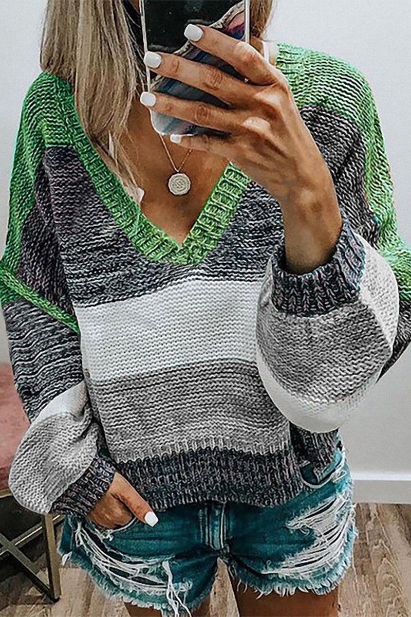 Suéteres casuales con cuello en V y patchwork en bloques de colores (4 colores)
