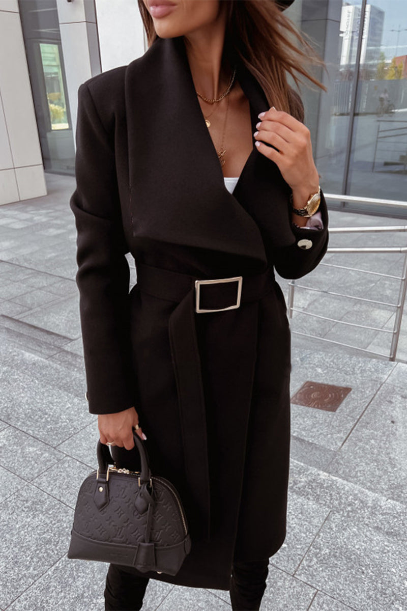 Elegante abrigo universitario de color liso con bolsillo y cinturón, cuello vuelto (6 colores)