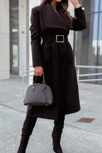 Elegante abrigo universitario de color liso con bolsillo y cinturón, cuello vuelto (6 colores)
