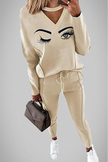 Conjunto informal de dos piezas con cuello en V, manga larga y parches sólidos de calle