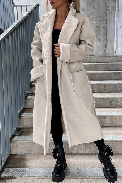 Elegante abrigo universitario de color liso con frenillo y cinturón, cuello vuelto, color liso