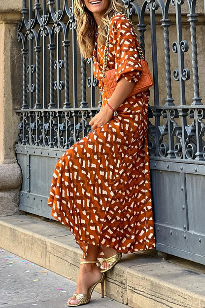 Elegante estampado de cuello en V y manga larga de dos piezas