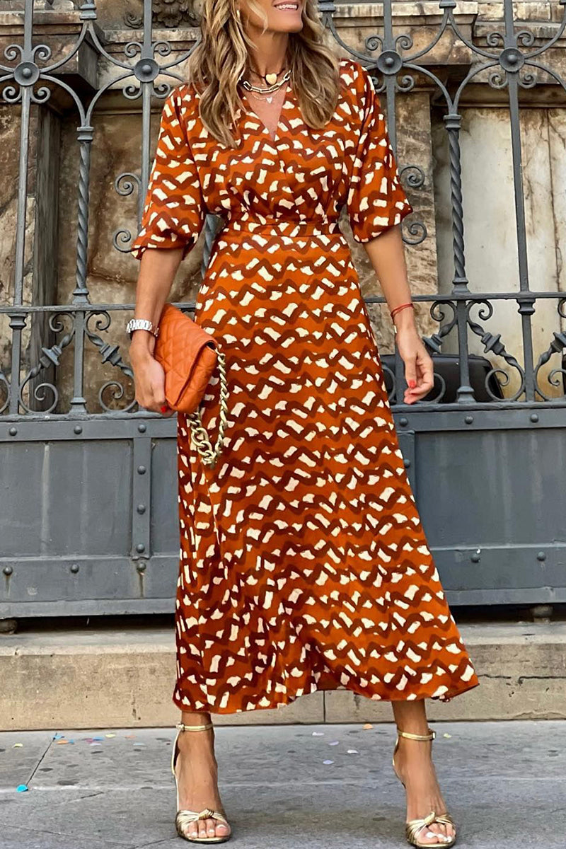 Elegante estampado de cuello en V y manga larga de dos piezas