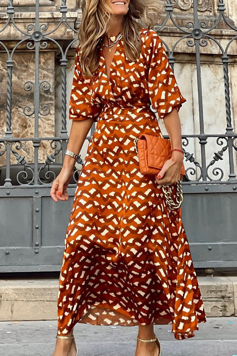 Elegante estampado de cuello en V y manga larga de dos piezas