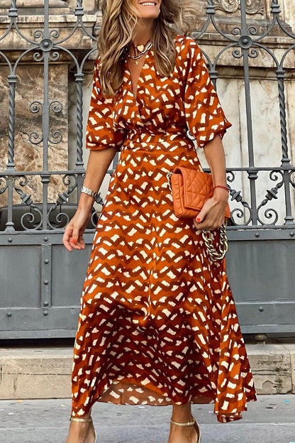 Elegante estampado de cuello en V y manga larga de dos piezas