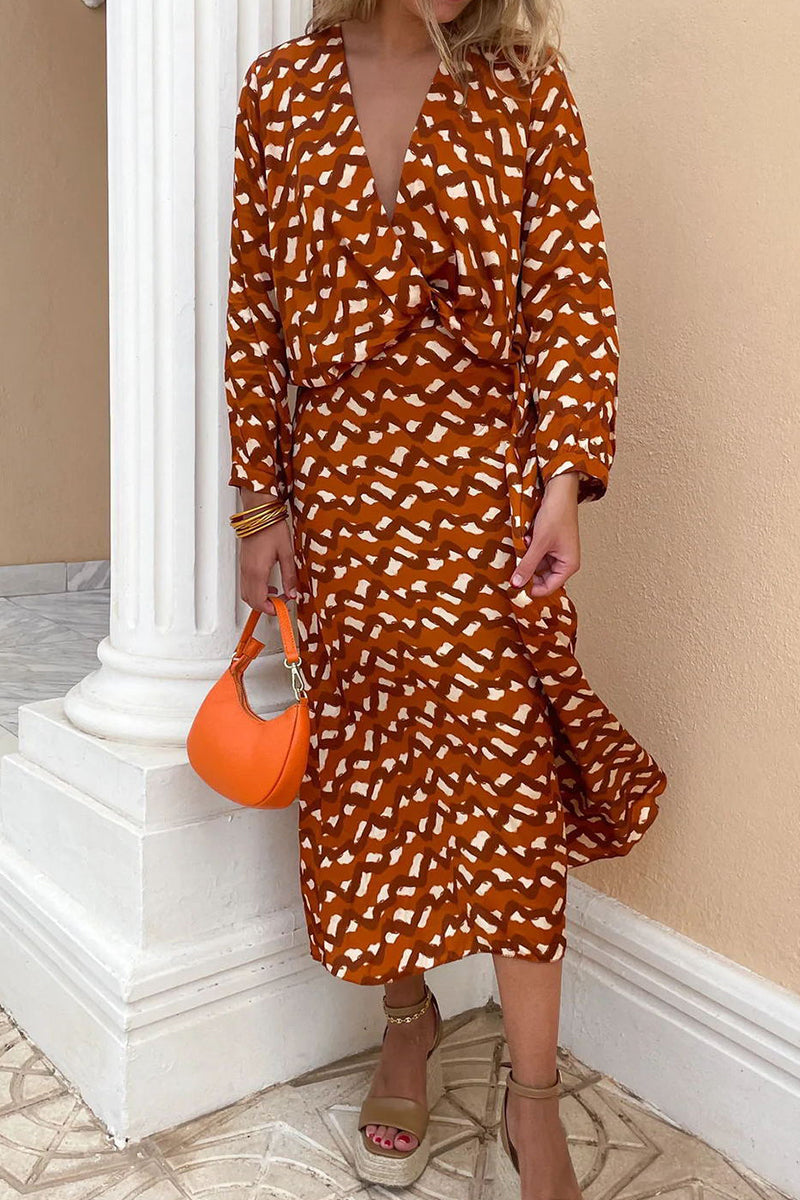 Elegante estampado de cuello en V y manga larga de dos piezas