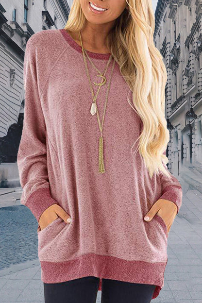 Sudadera informal, elegante y con cuello redondo y contraste sólido (11 colores)