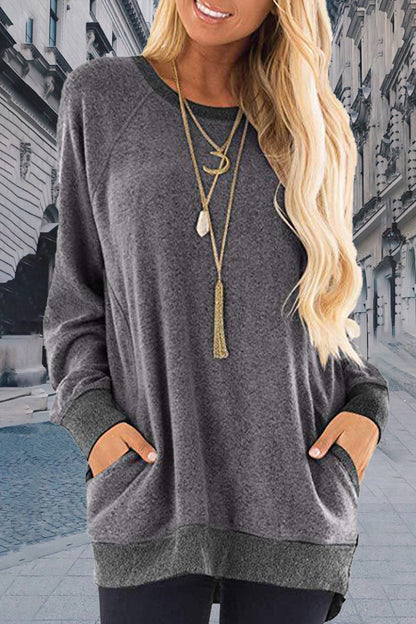 Sudadera informal, elegante y con cuello redondo y contraste sólido (11 colores)