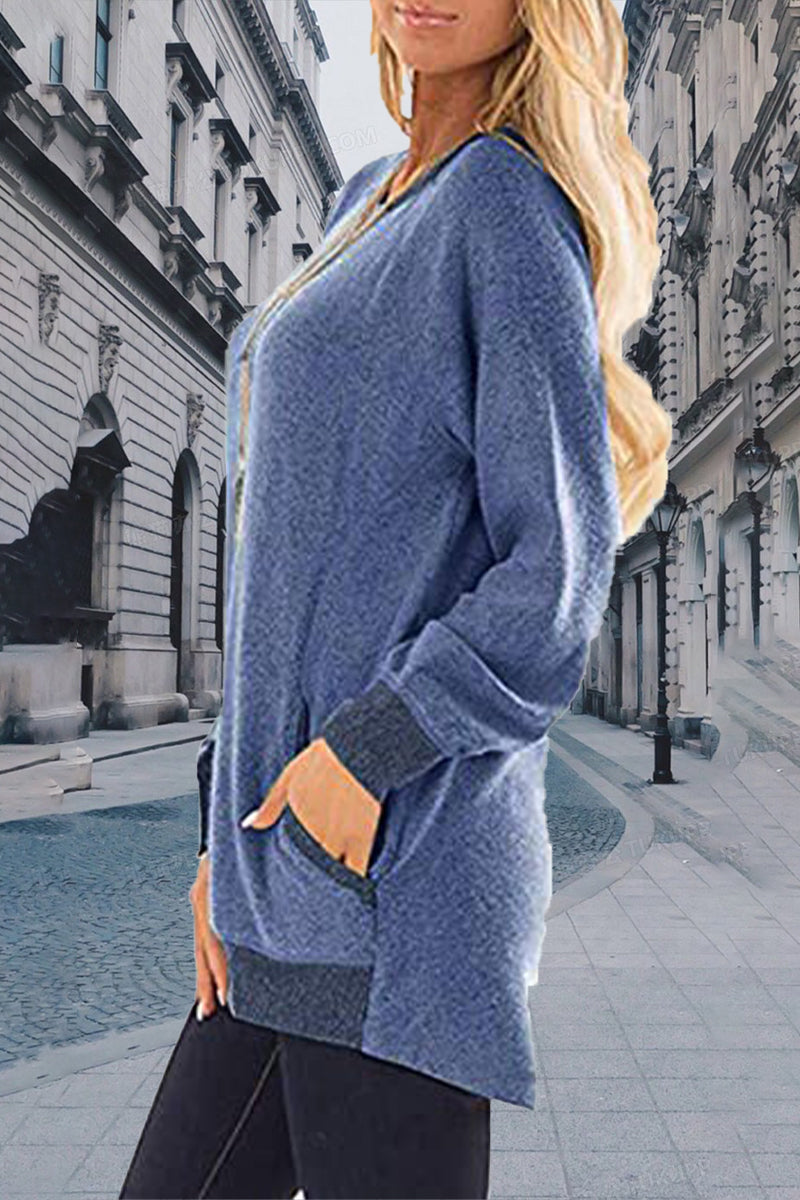 Sudadera informal, elegante y con cuello redondo y contraste sólido (11 colores)