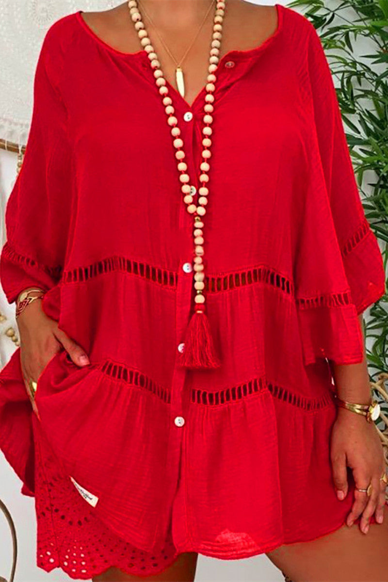 Vestidos casuales de manga larga con cuello en V y parches lisos (4 colores)