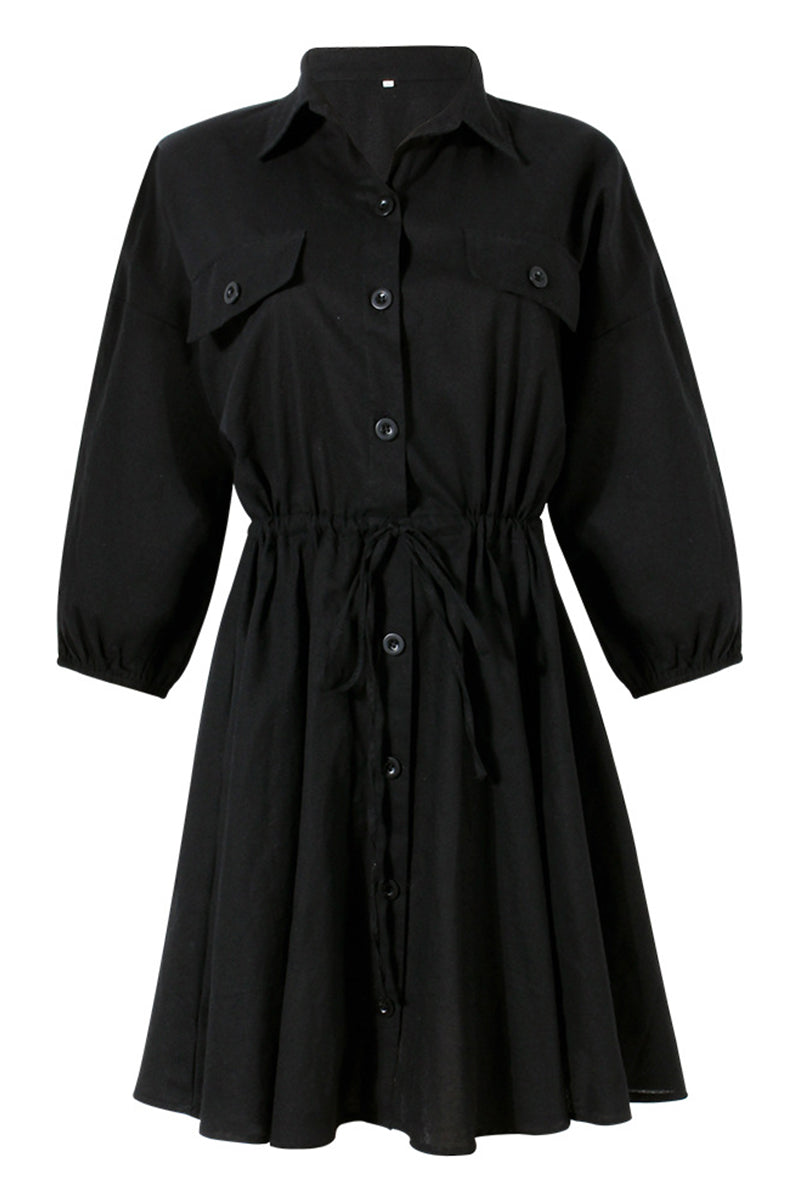 Elegante vestido de manga larga con cuello vuelto, bolsillos y frenillo liso