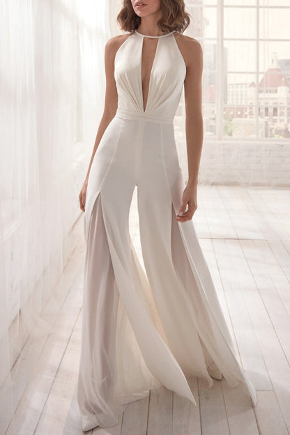 Monos sexis informales de color liso con agujeros y retazos, sin espalda y cuello redondo, regulares