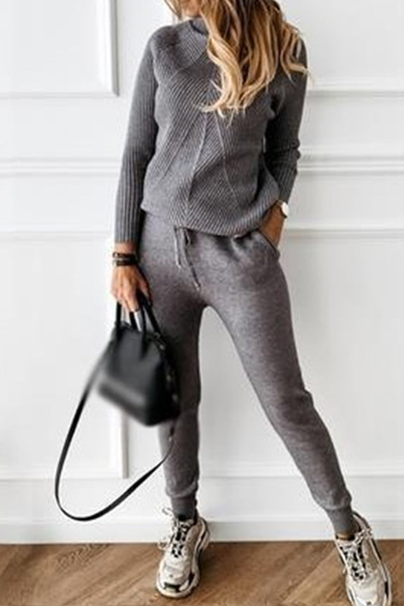 Conjunto informal de cuello alto y manga larga de dos piezas (9 colores)