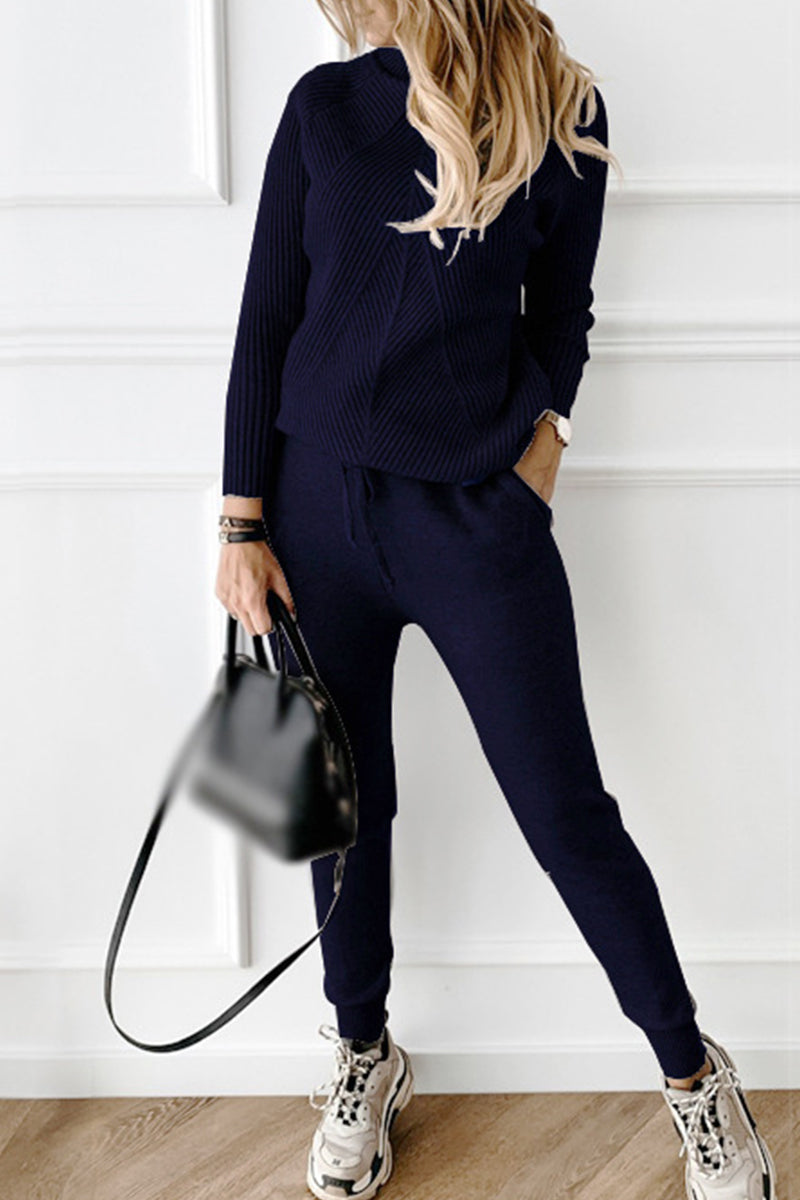 Conjunto informal de cuello alto y manga larga de dos piezas (9 colores)