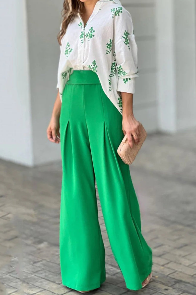 Conjunto informal de dos piezas con estampado floral, cuello vuelto, manga larga