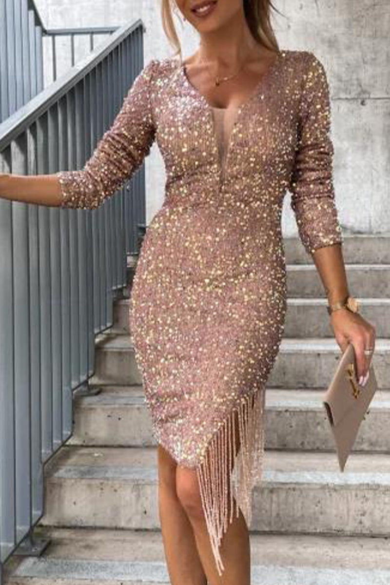 Elegante vestido de falda de un solo paso con escote en V y borlas lisas (3 colores)