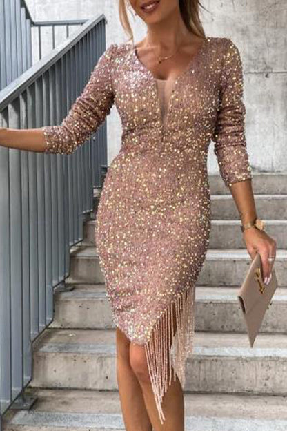 Elegante vestido de falda de un solo paso con escote en V y borlas lisas (3 colores)