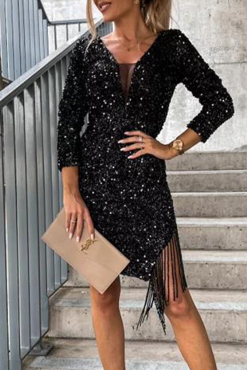 Elegante vestido de falda de un solo paso con escote en V y borlas lisas (3 colores)