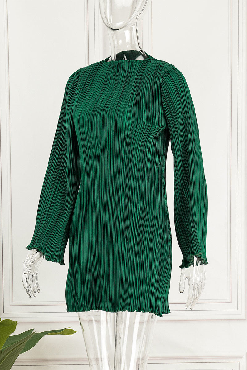 Vestidos casuales lisos de patchwork con pliegues y cuello redondo rectos