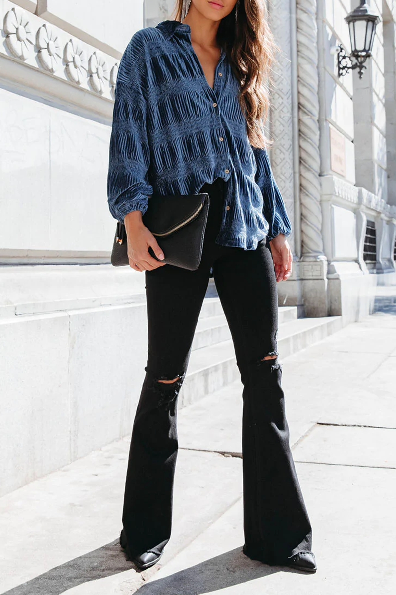 Tops casuales de cuello vuelto con parches sólidos