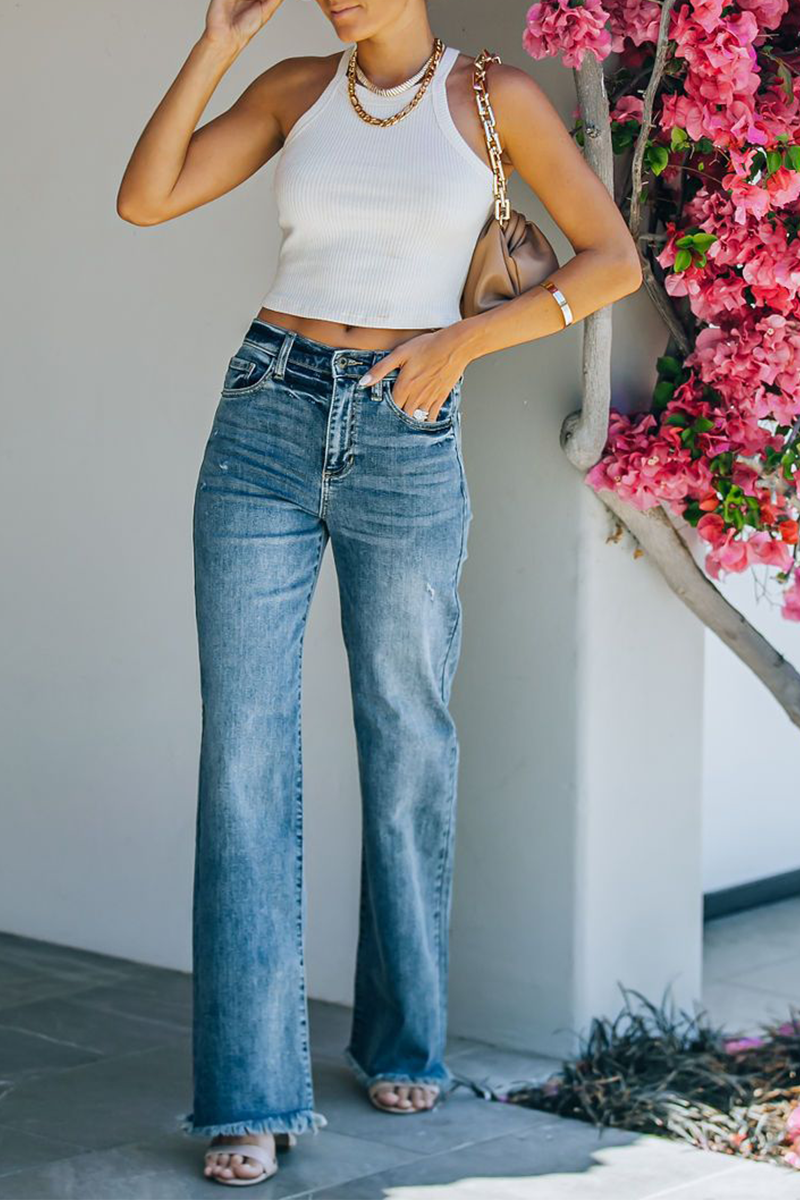 Vaqueros rectos de cintura alta con parches lisos de estilo urbano