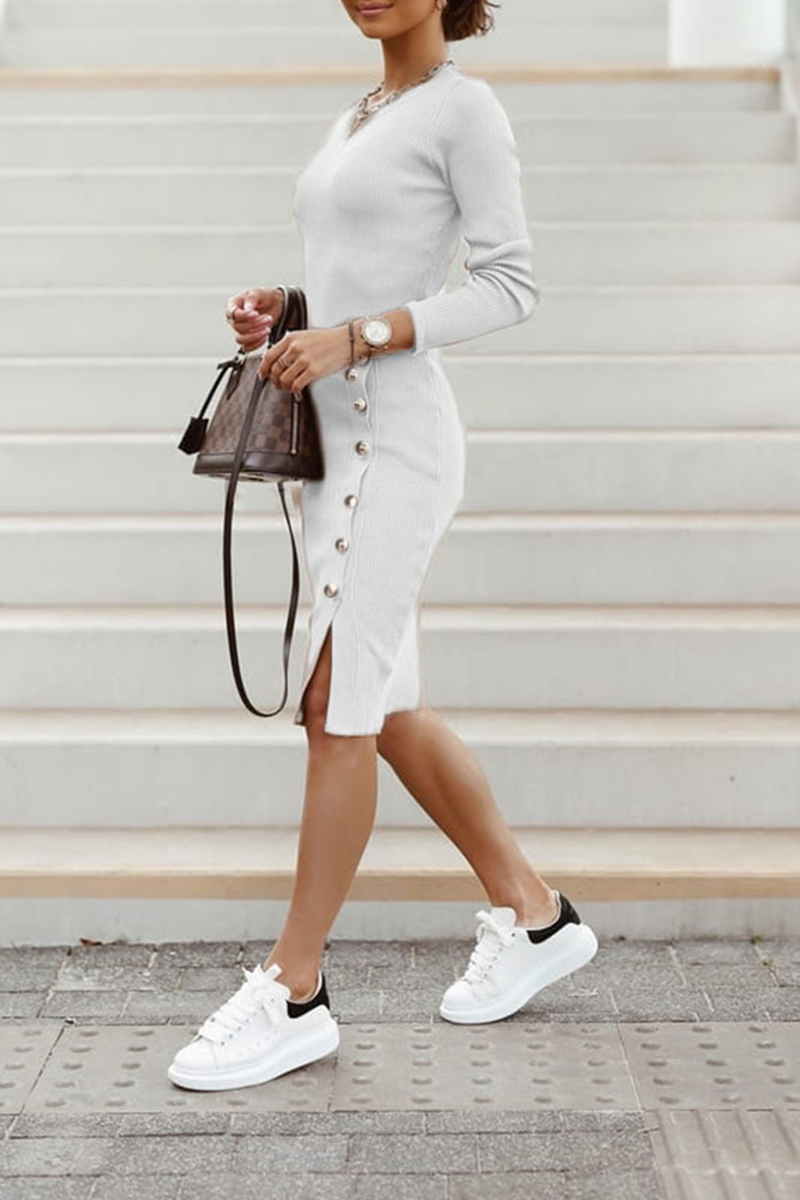 Falda tubo con cuello redondo y hebilla sólida de calle (4 colores)