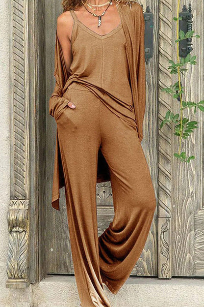 Conjunto casual de dos piezas con cuello en V, manga larga y color liso