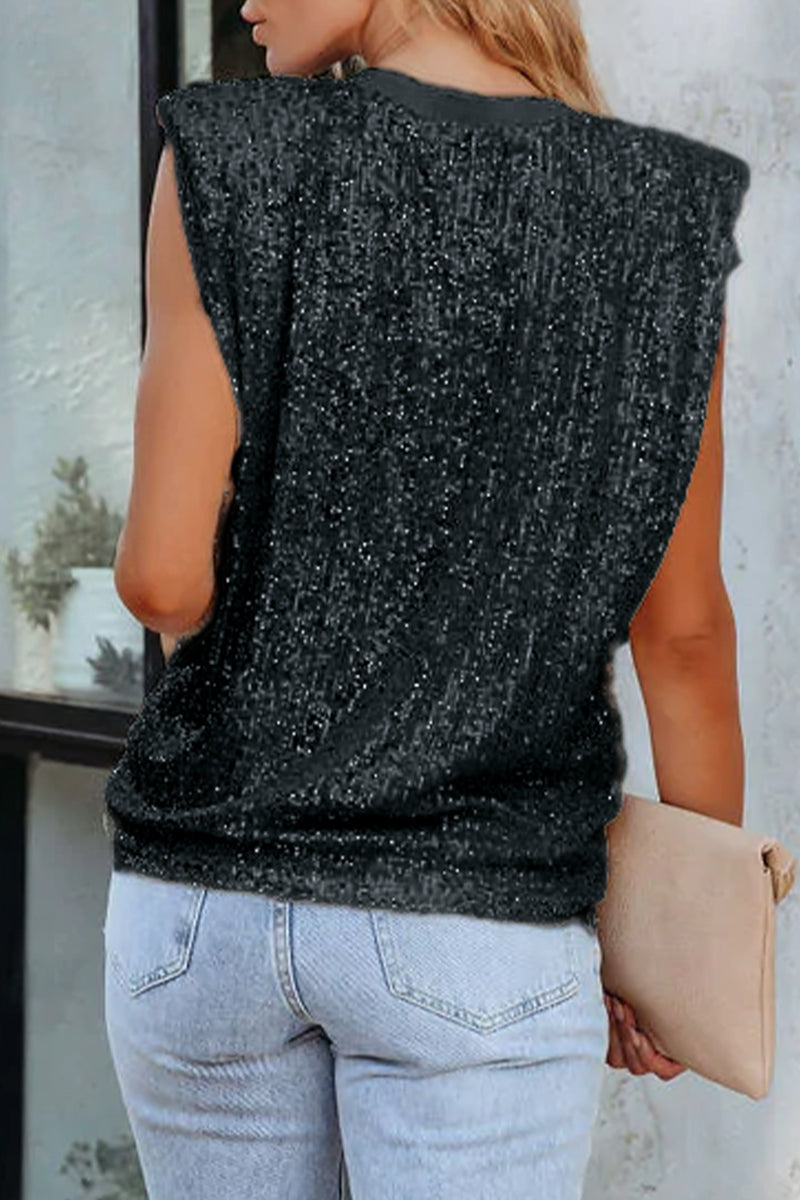 Tops de cuello redondo con lentejuelas sólidas