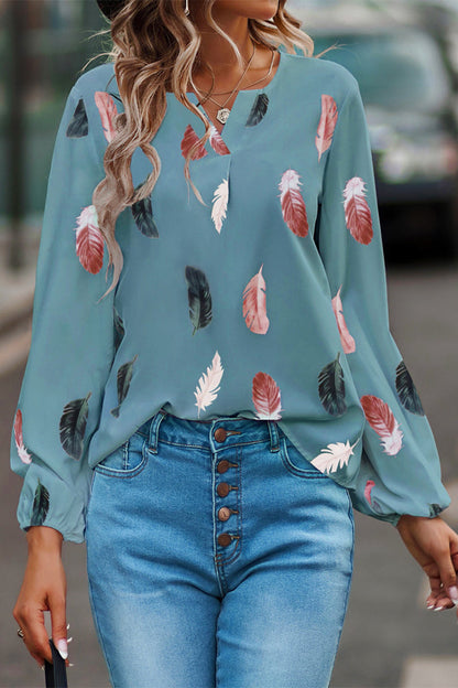 Blusa informal con cuello en V y estampado de plumas (7 colores)