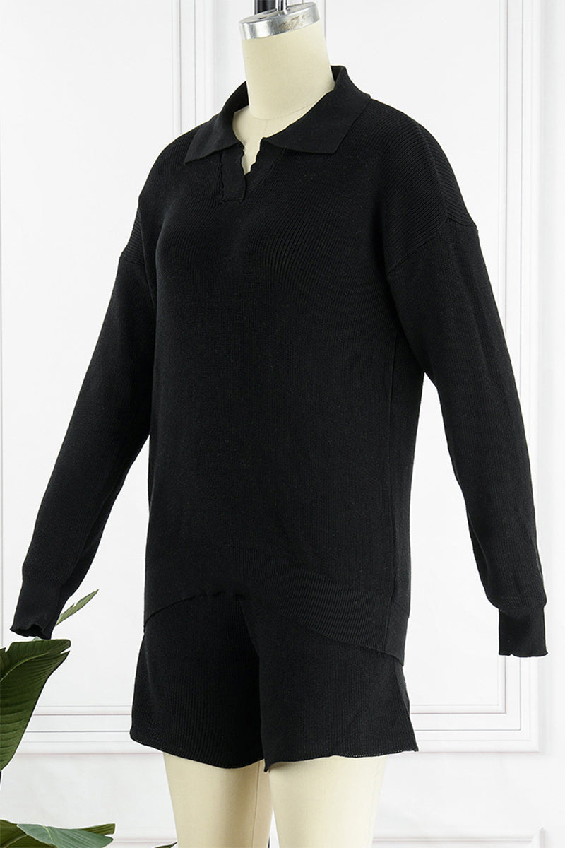 Conjunto informal de dos piezas con cuello vuelto, manga larga y frenillo liso (4 colores)