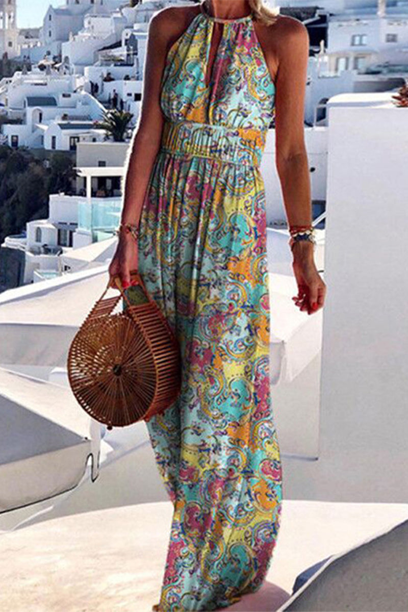 Vestidos de corte A con cuello halter y estampado geométrico urbano (4 colores)