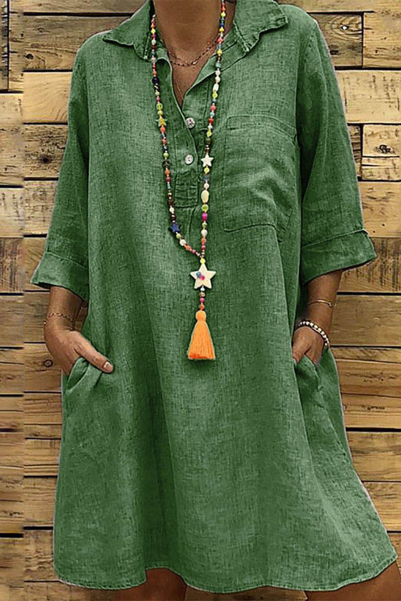 Vestido informal de falda de un solo paso con cuello vuelto y hebilla sólida (5 colores)