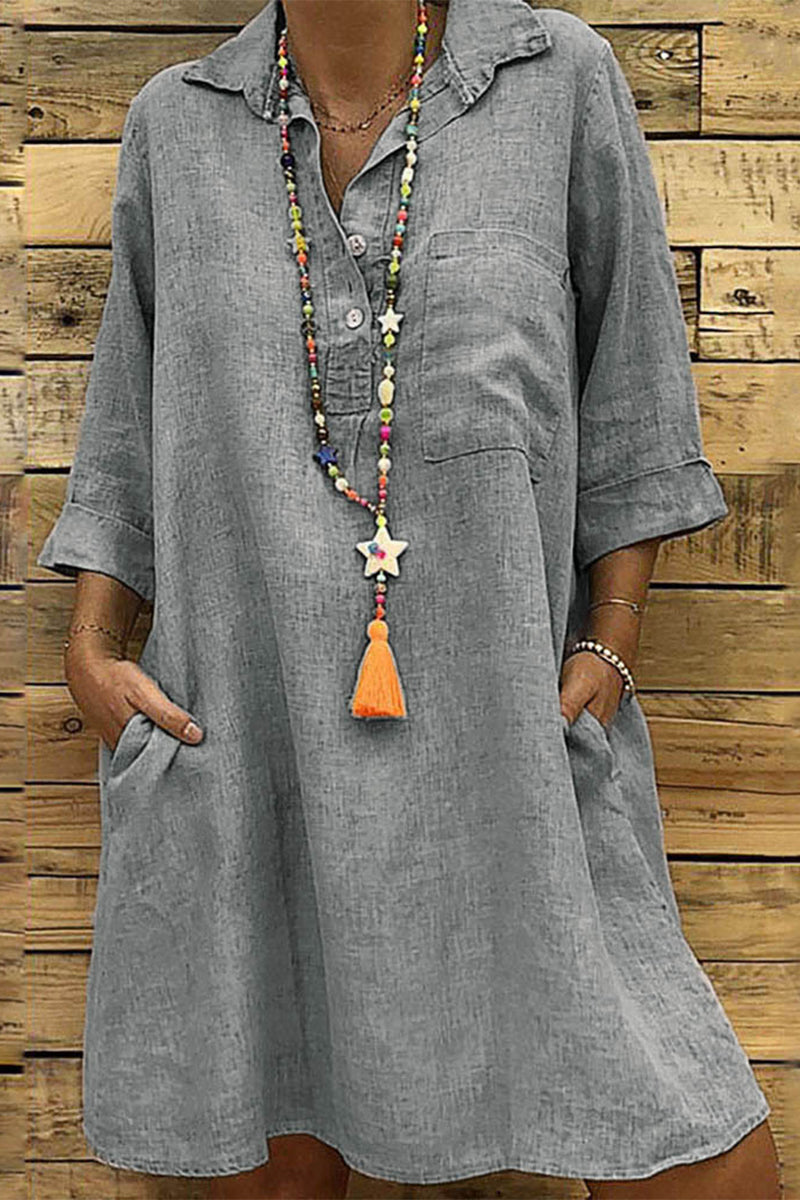 Vestido informal de falda de un solo paso con cuello vuelto y hebilla sólida (5 colores)