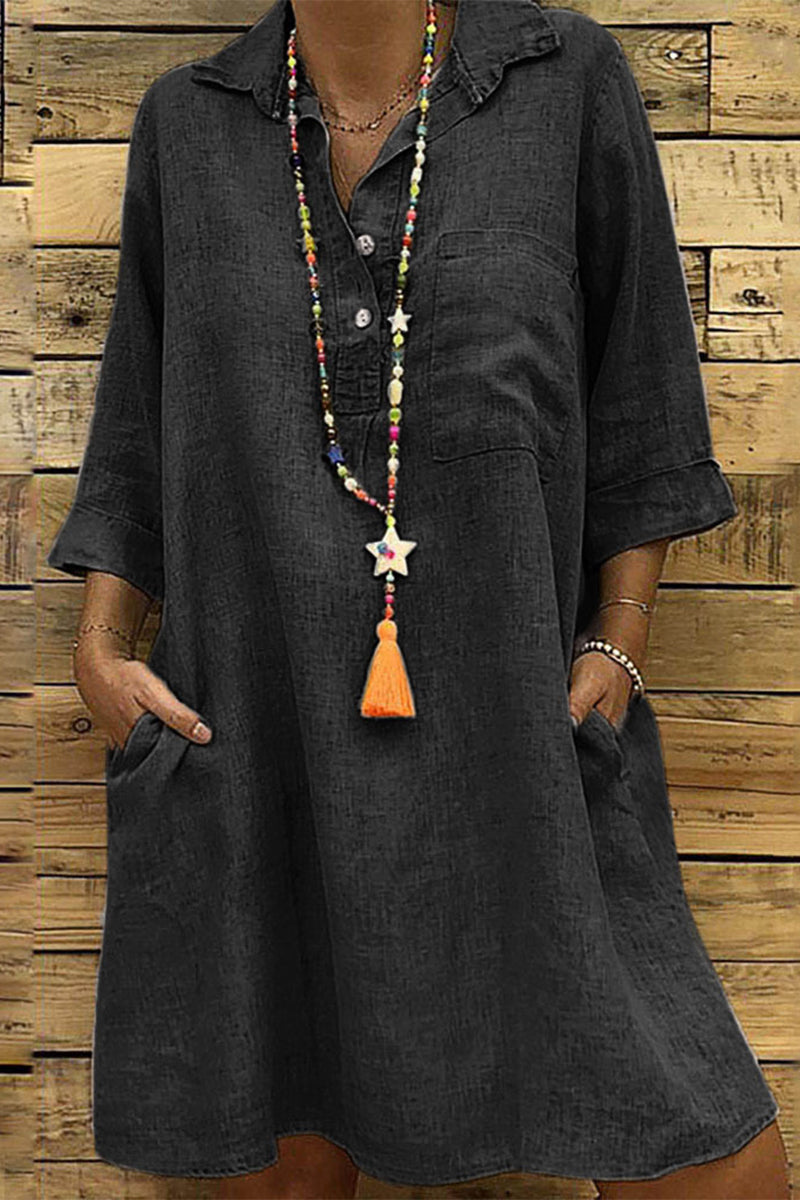 Vestido informal de falda de un solo paso con cuello vuelto y hebilla sólida (5 colores)