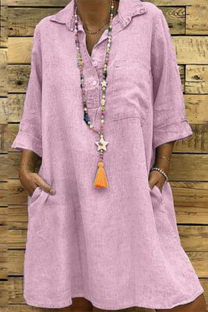 Vestido informal de falda de un solo paso con cuello vuelto y hebilla sólida (5 colores)